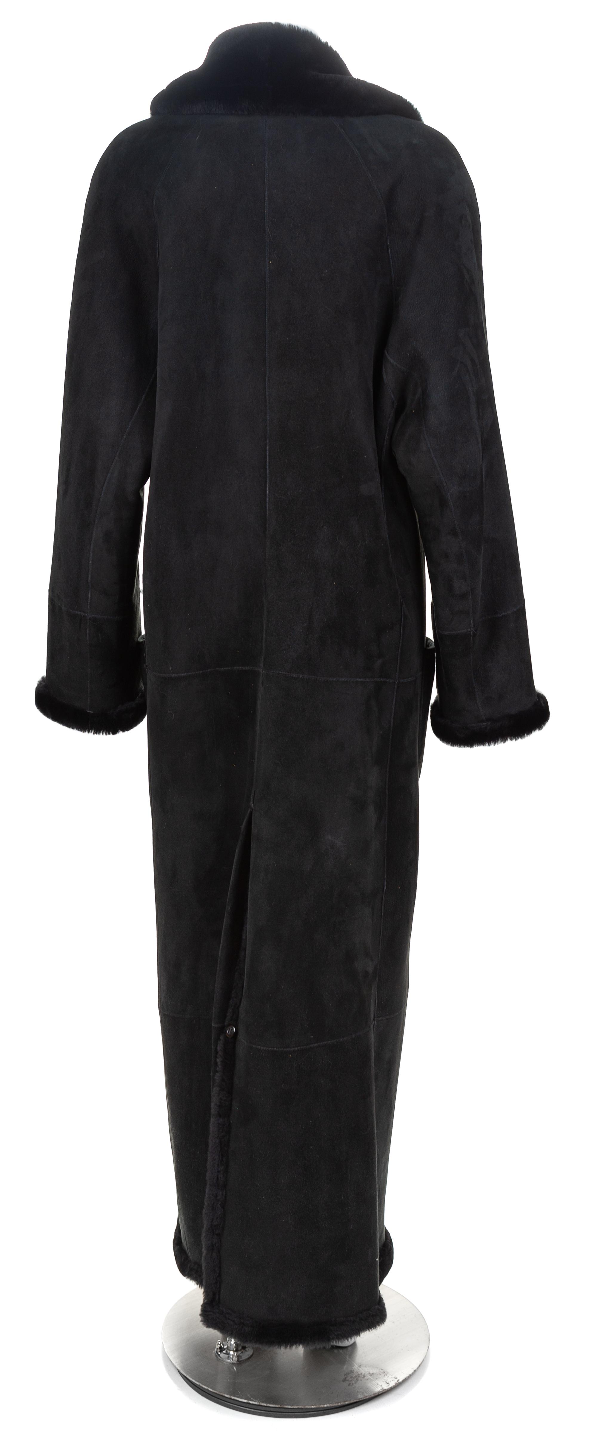 A Black Shearling Double Breasted Full Length Coat, Size Large.