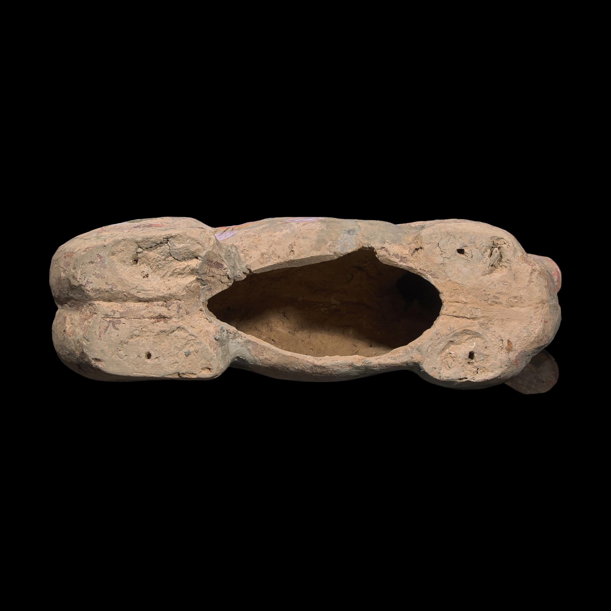 A Chinese Painted Grey Pottery Figure of Recumbent Horse, Han Dynasty 漢 彩繪灰陶馬