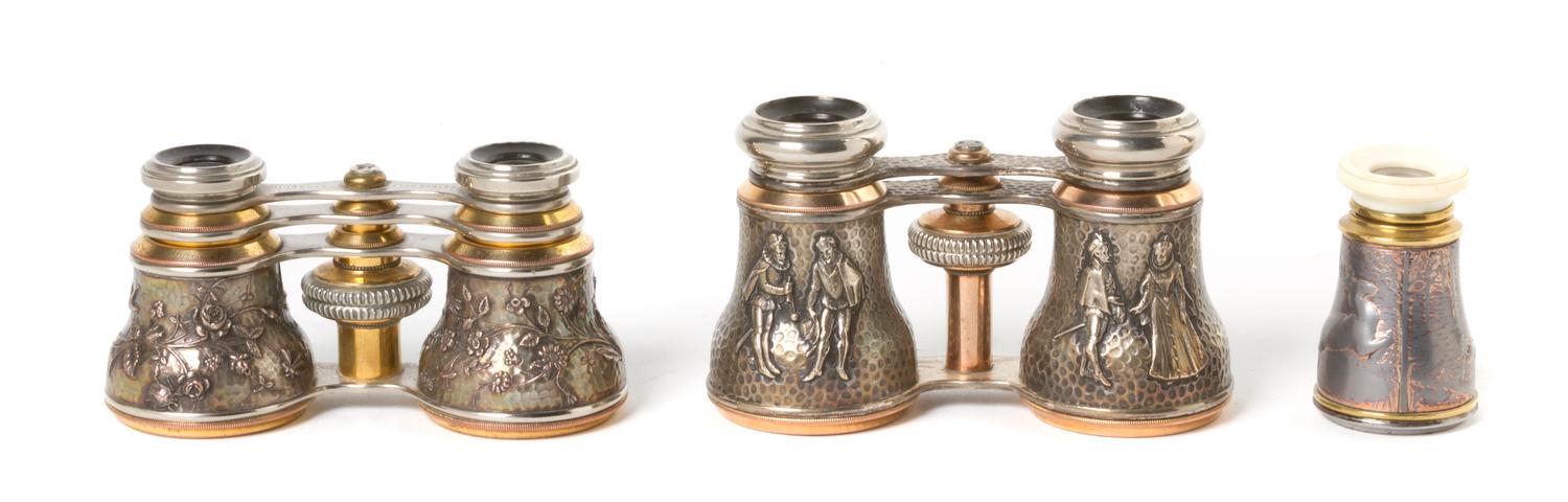 Two Pairs of French Silver and Silvered Opera Glasses, Width of first 4 1/4 inches.