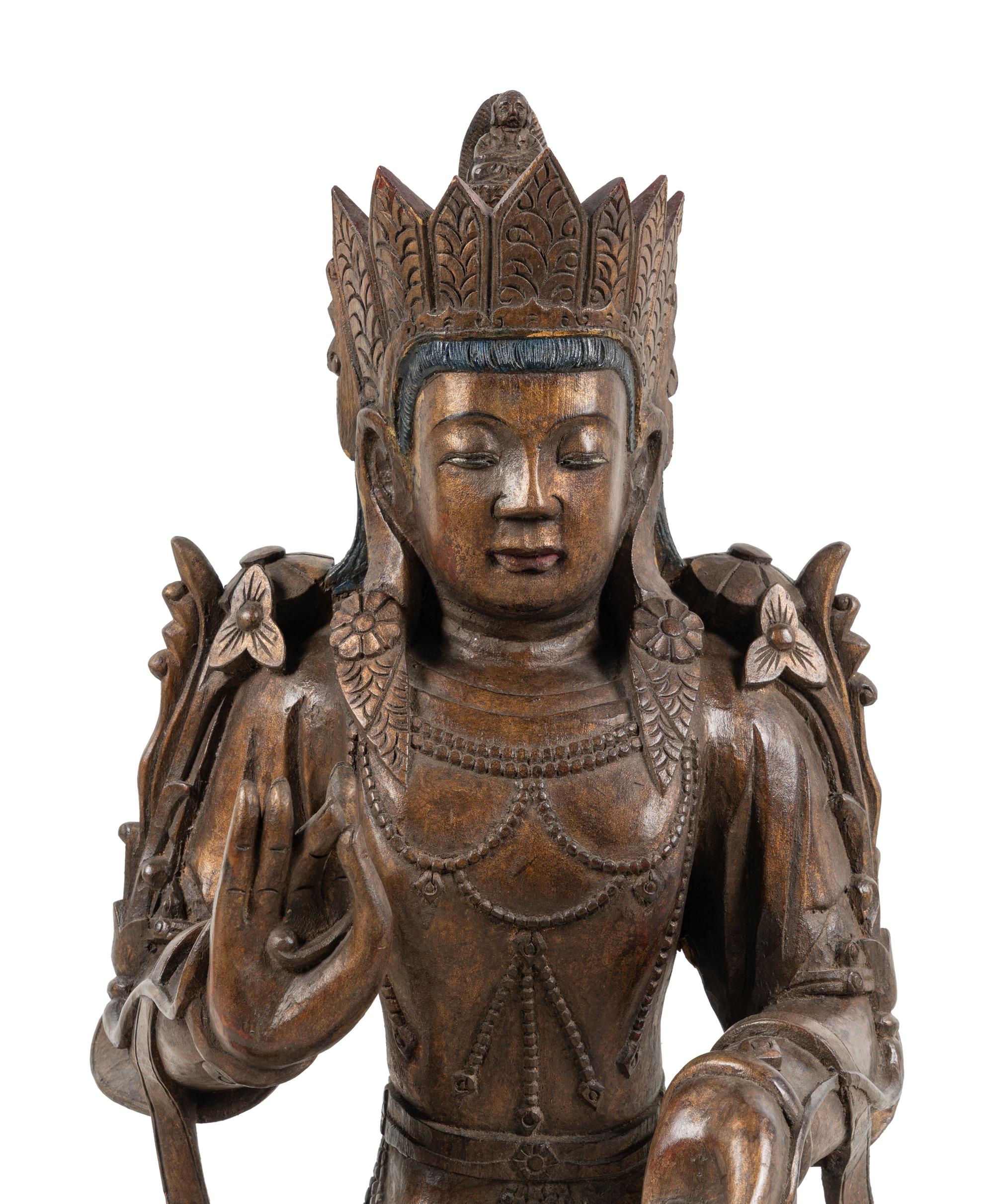 A Large Chinese Export Carved Wood Figure of a Bodhisattva