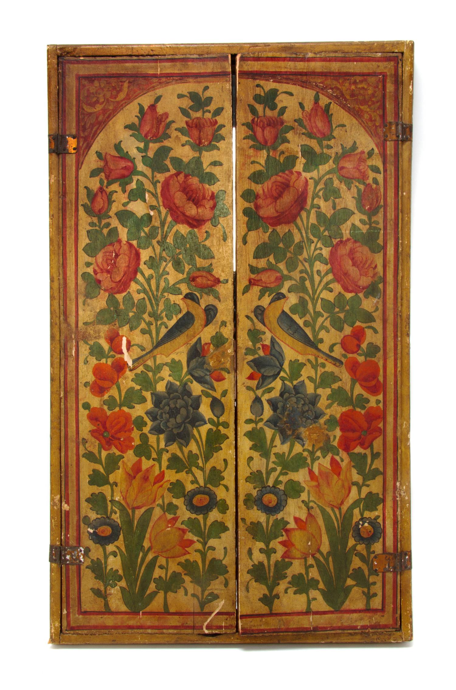 A Persian Painted Wedding Mirror, 19TH CENTURY, Height 30 3/4 x width 18 1/2 inches. — 19TH CENTURY,