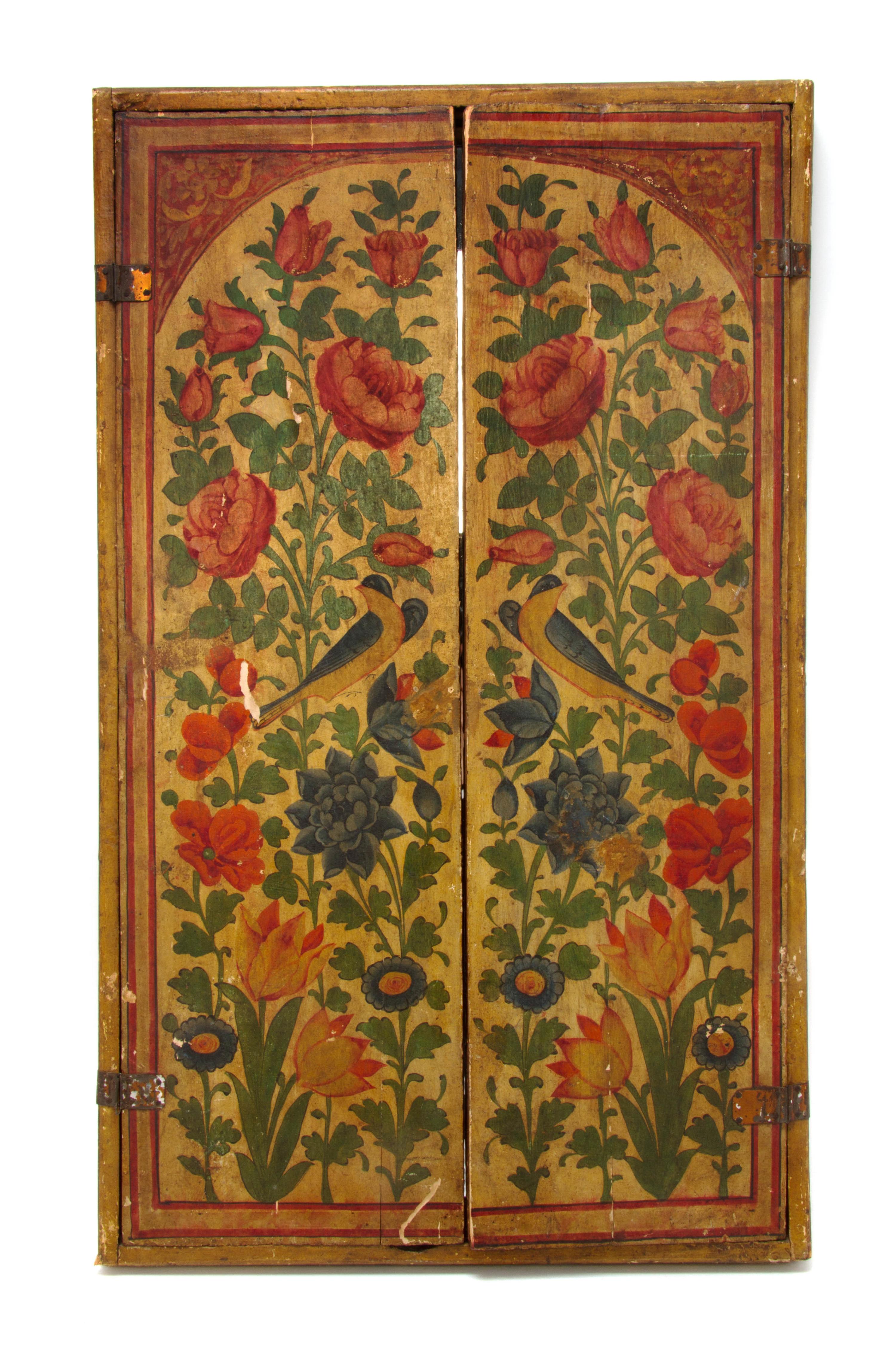 A Persian Painted Wedding Mirror, 19TH CENTURY, Height 30 3/4 x width 18 1/2 inches. — 19TH CENTURY,