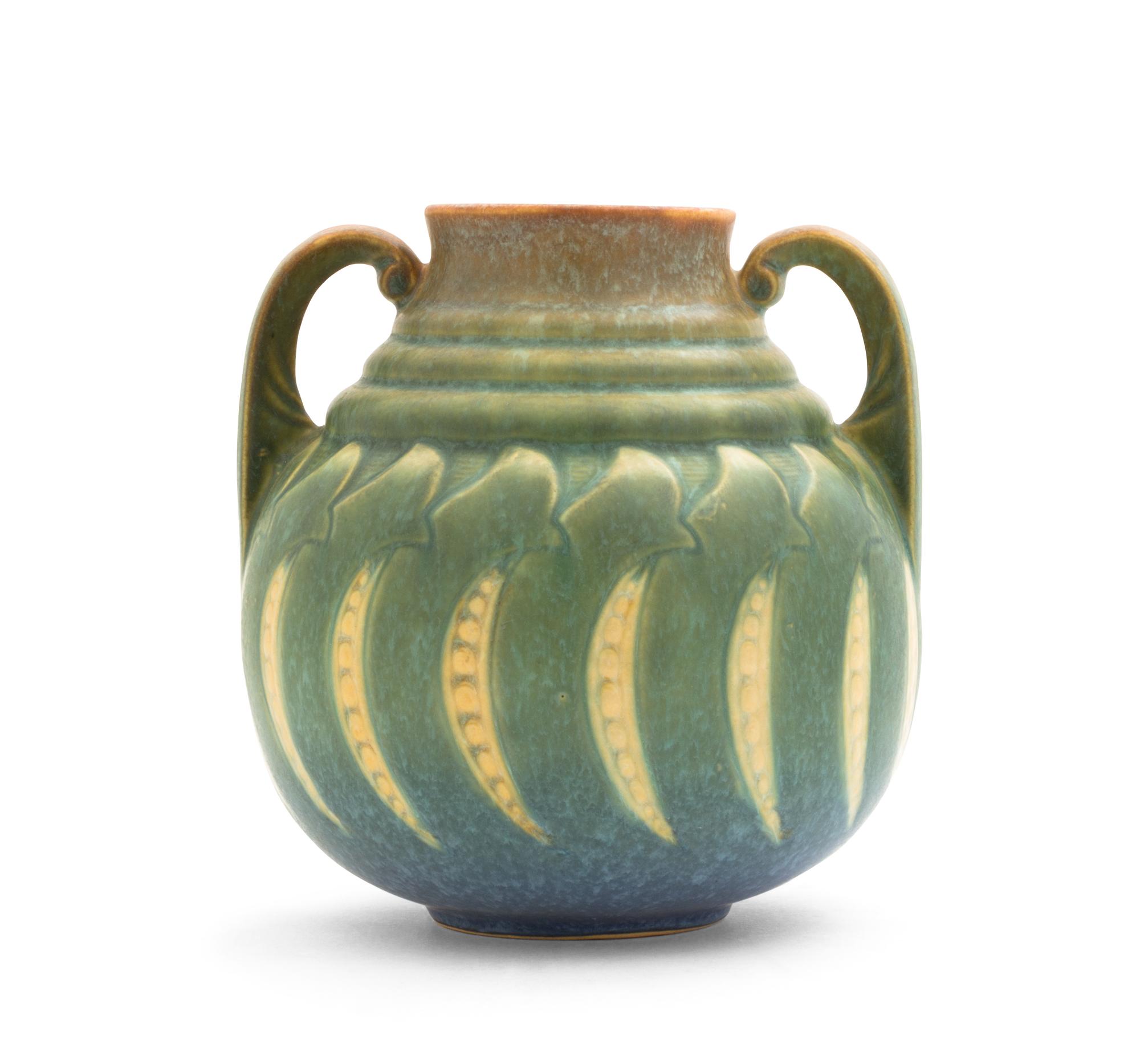 A Roseville Pottery Two-Handled Falline Vase Height 7 inches.