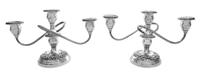 A Pair of American Silver Three-Light Candelabra, S. Kirk & Son, Baltimore, MD, having reeded arms supporting baluster form cups with f