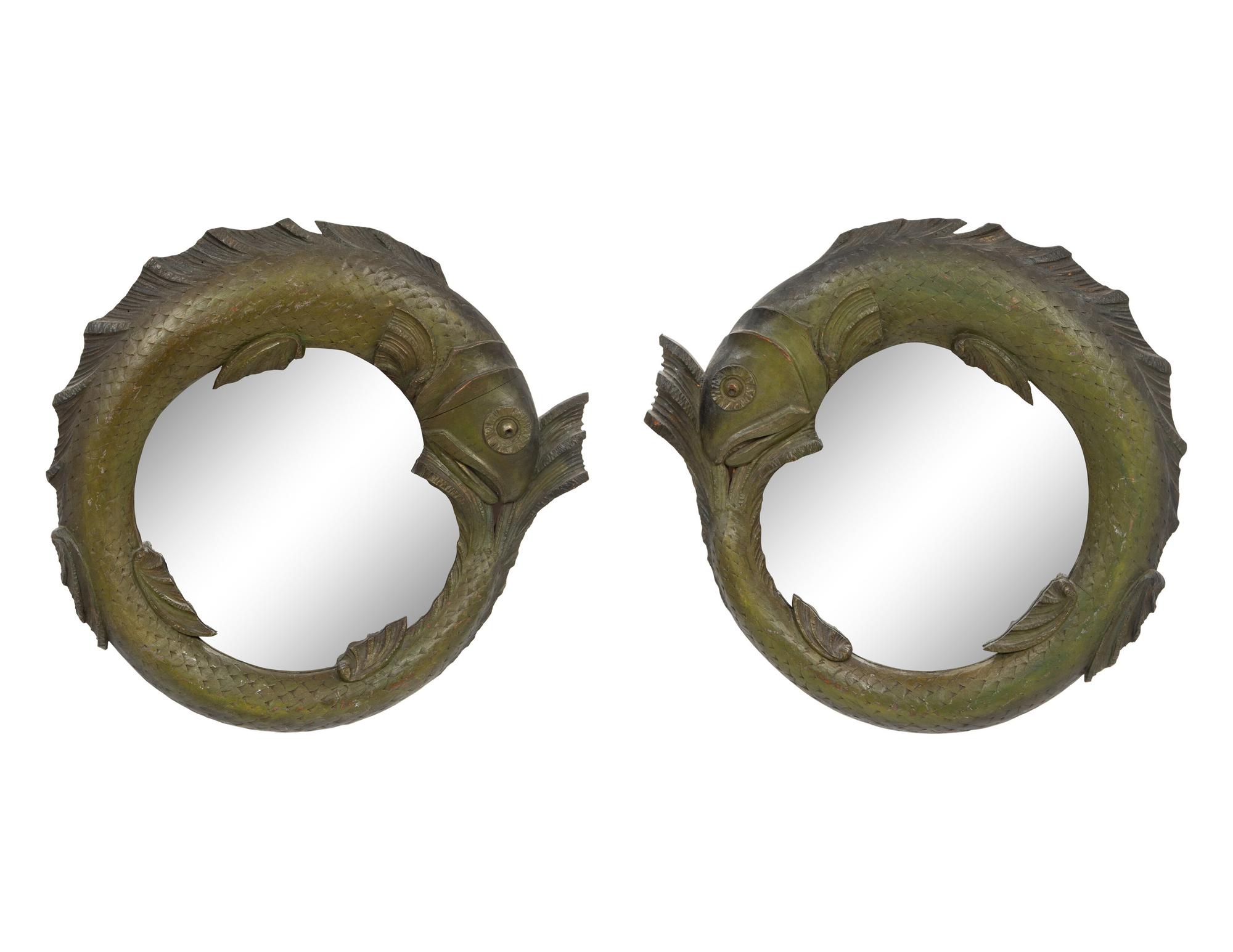 A Pair of Fish-Carved Wood Circular Mirrors