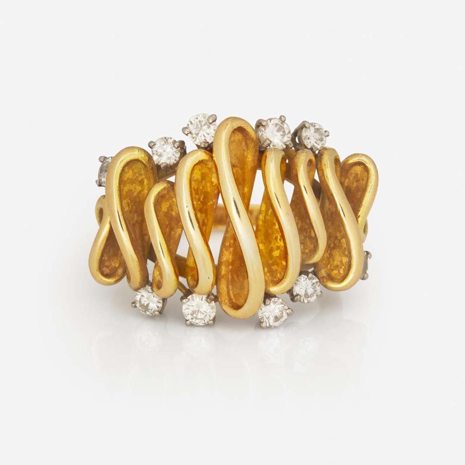 An 18K Yellow Gold and Diamond Wave Ring French