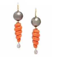 Tony Duquette, Coral, Cultured Gray Pearl, and Diamond Earrings