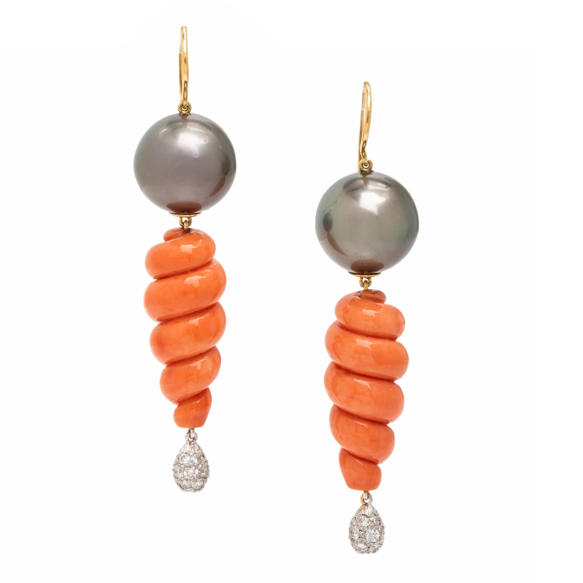 Tony Duquette, Coral, Cultured Gray Pearl, and Diamond Earrings