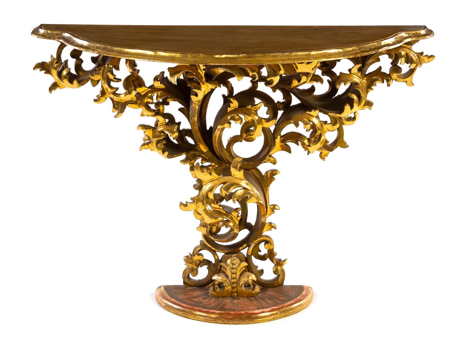 An Italian Giltwood Console Table Height 31 3/4 x width 42 1/2 x depth 16 1/2 inches. — LATE 19TH/EARLY 20TH CENTURY