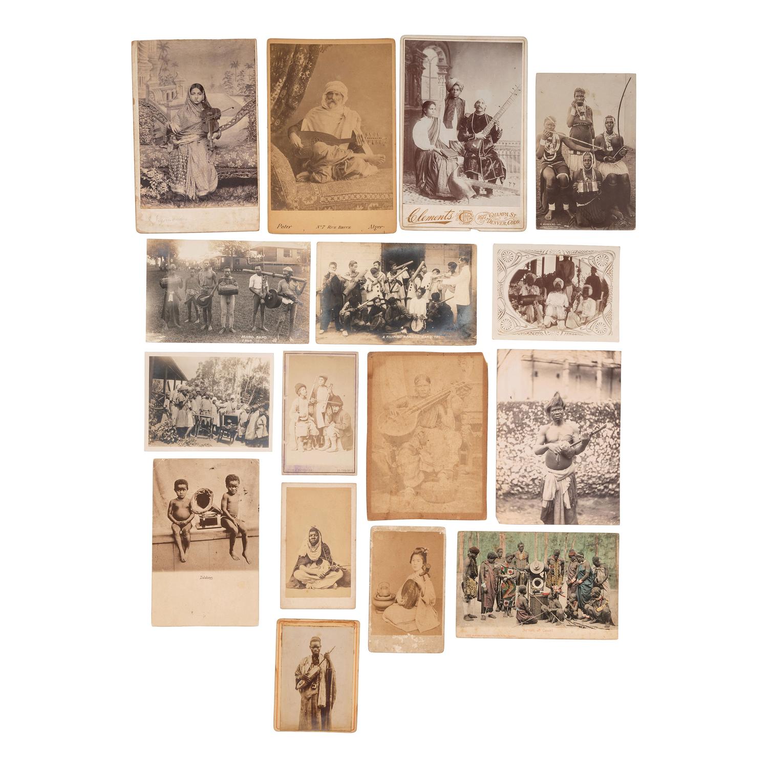 [EARLY PHOTOGRAPHY - MUSIC & CULTURE]. A collection of 50+ images featuring foreign and domestic travel scenes and foreign subjects with musical instruments, including:
