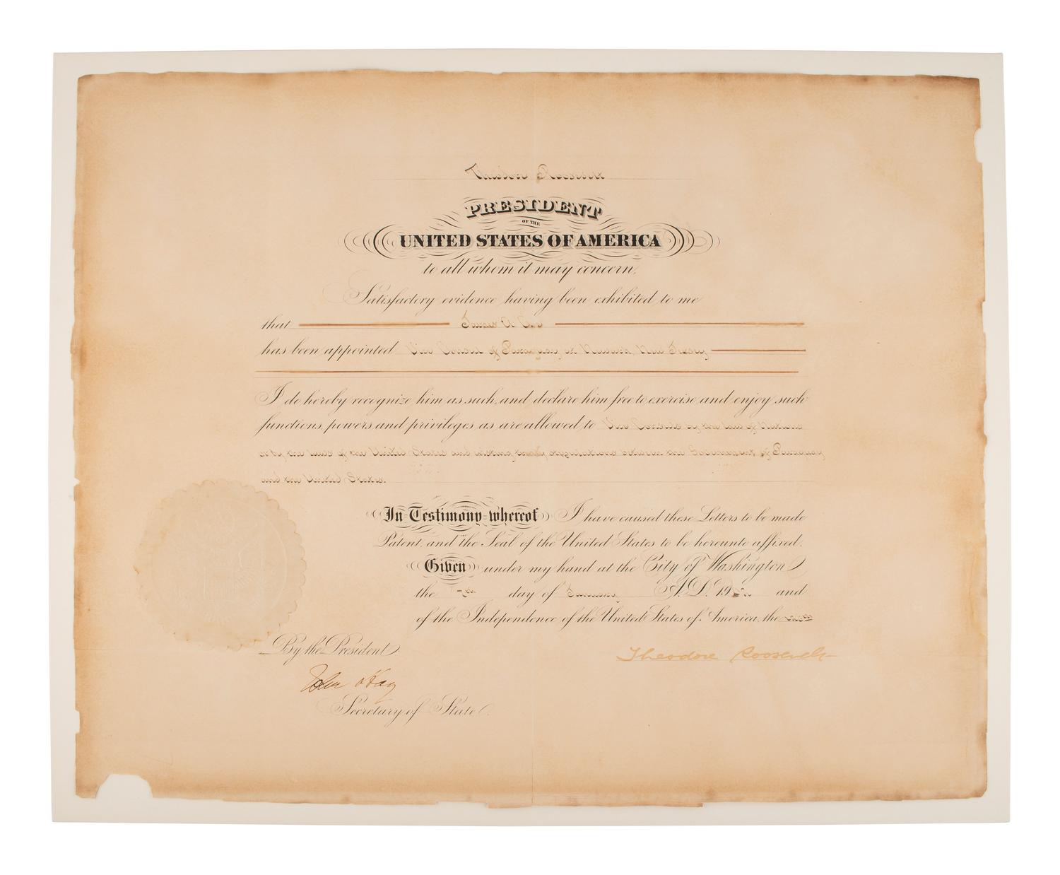 ROOSEVELT, Theodore (1858-1919). Appointment signed as President. Washington, 7 January 1902.