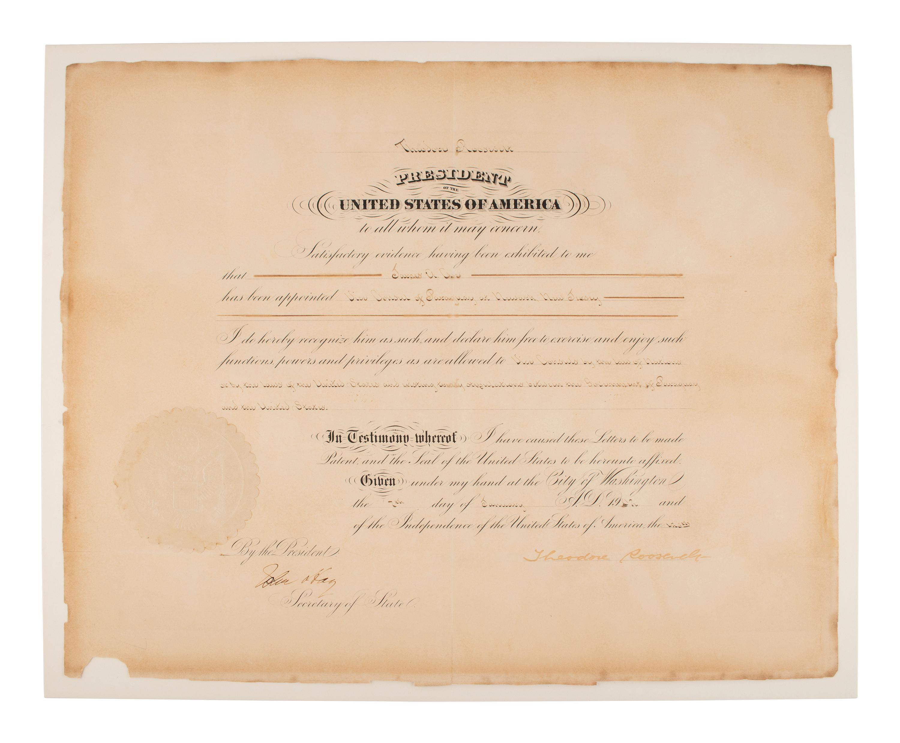 ROOSEVELT, Theodore (1858-1919). Appointment signed as President. Washington, 7 January 1902.