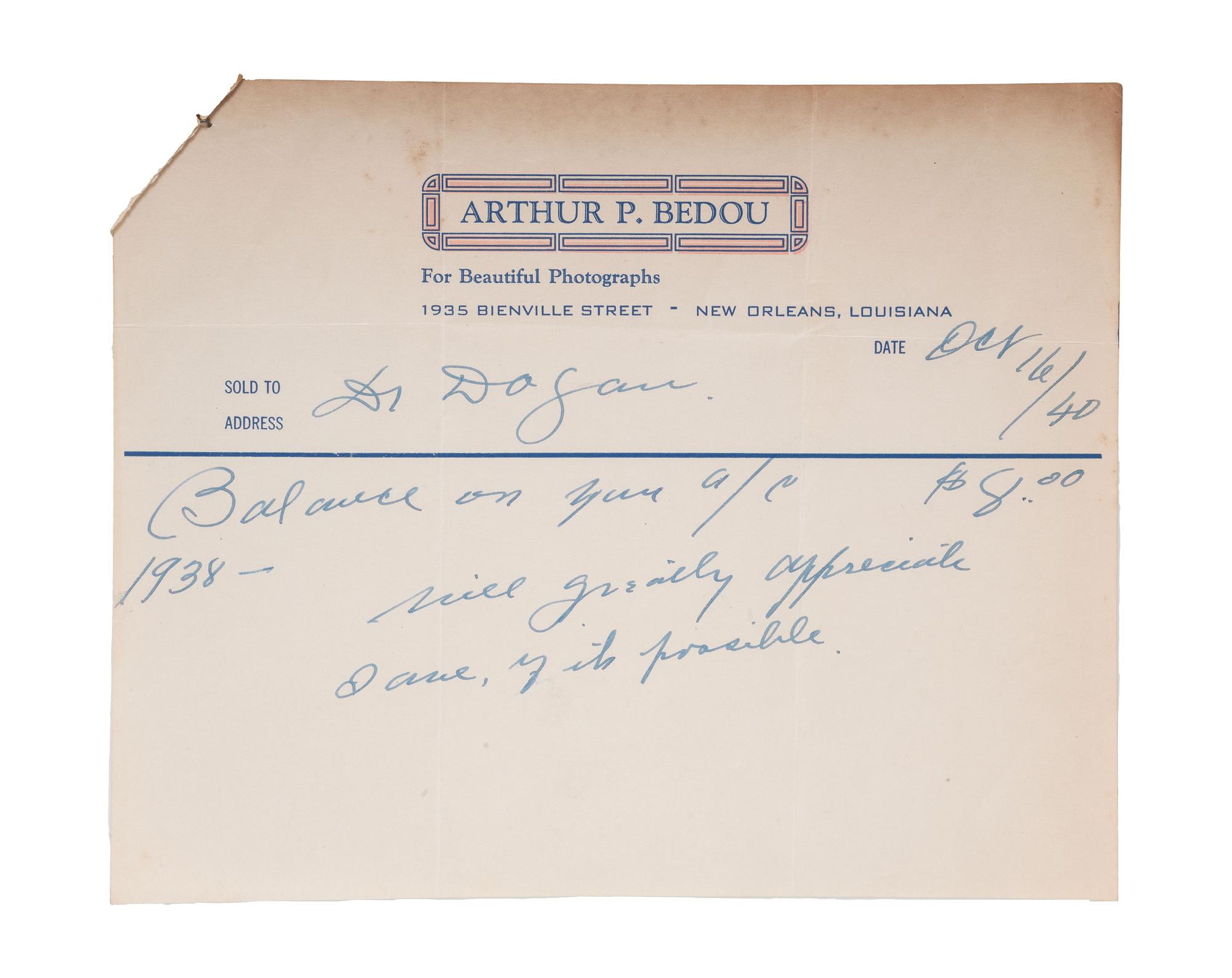 [EARLY PHOTOGRAPHY]. BEDOU, Arthur P. (1882-1966). Autograph letter twice signed ("A.P. Bedou"), Matthew DOGAN (1863-1947), as President of HBCU Wiley College. New Orleans, 15 October 1940.