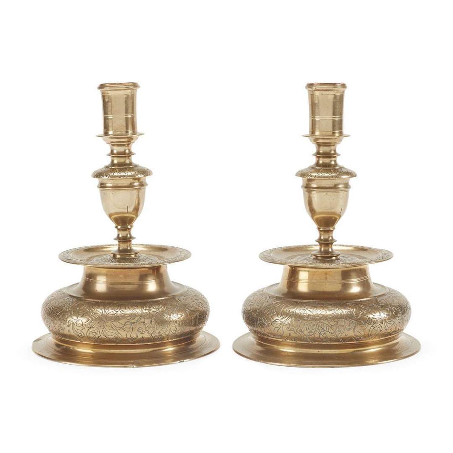 Pair of Nuremberg engraved brass candlesticks German, circa 1650