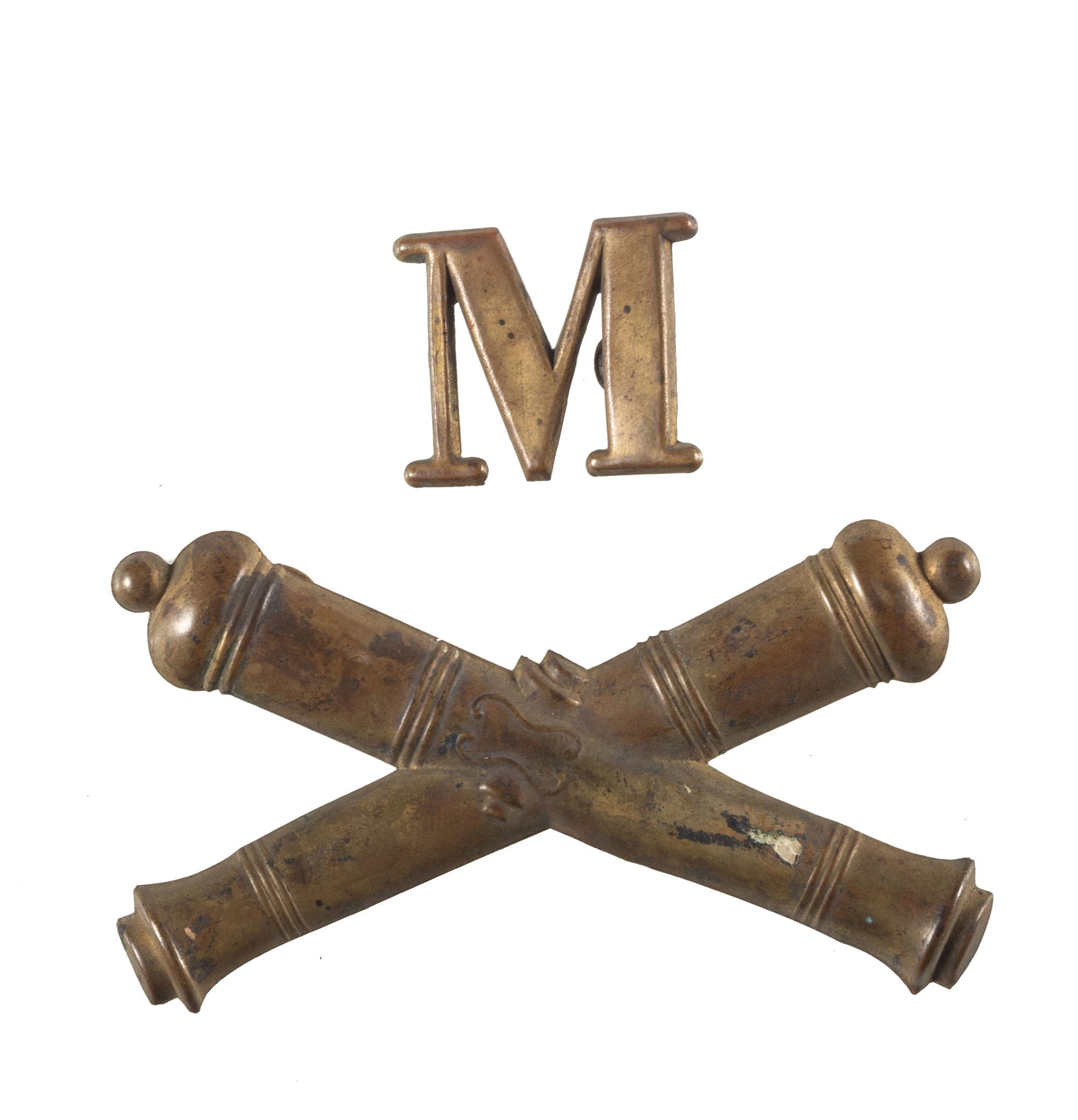Civil War artillery and company insignia displayed on vintage pasteboard.