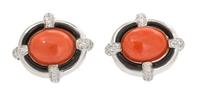 A Pair of 18 Karat White Gold, Coral, Onyx and Diamond Cufflinks, Eli Frei, 9.00 dwts.