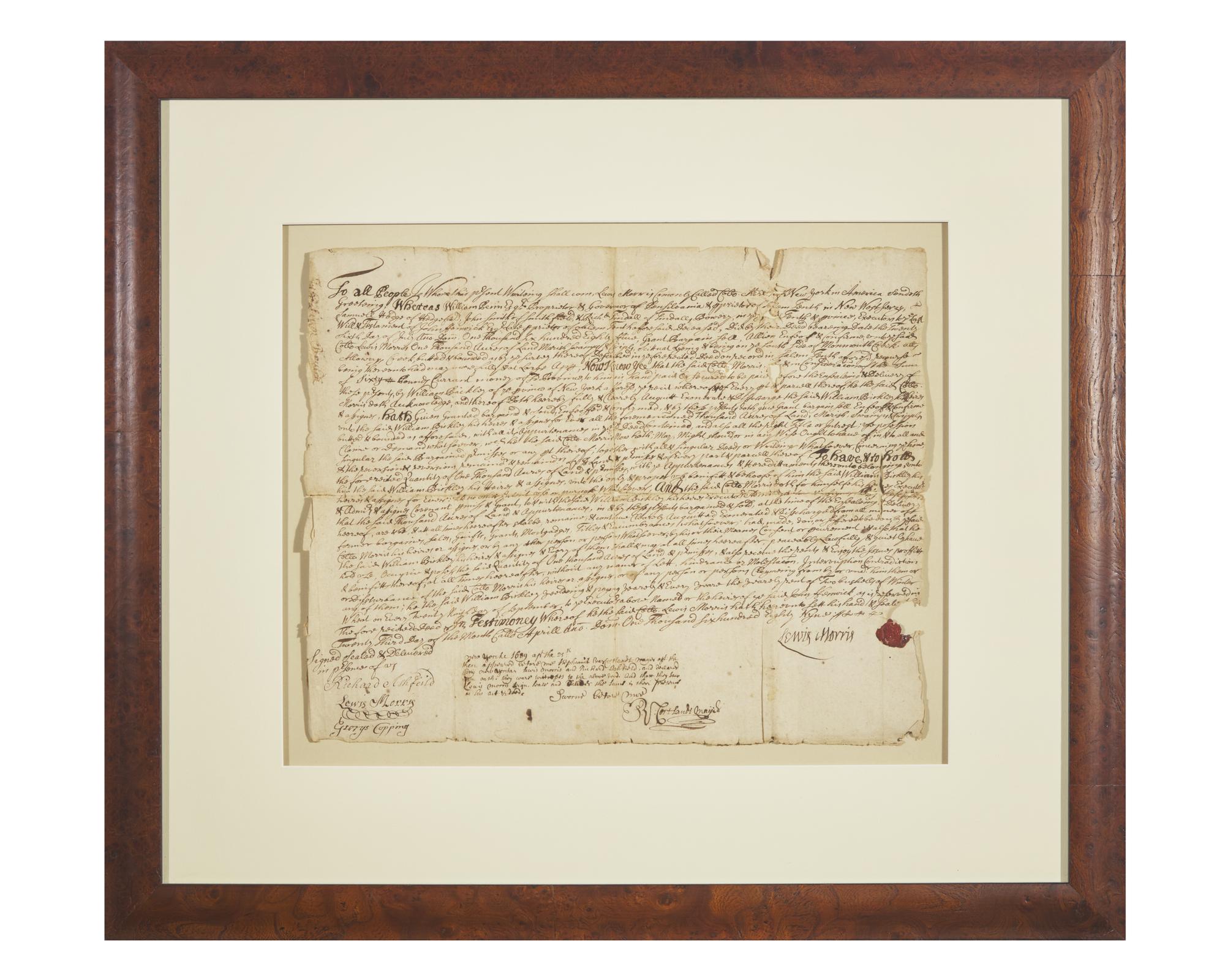 [Americana] [New Jersey] Morris, Lewis. Manuscript Document, signed