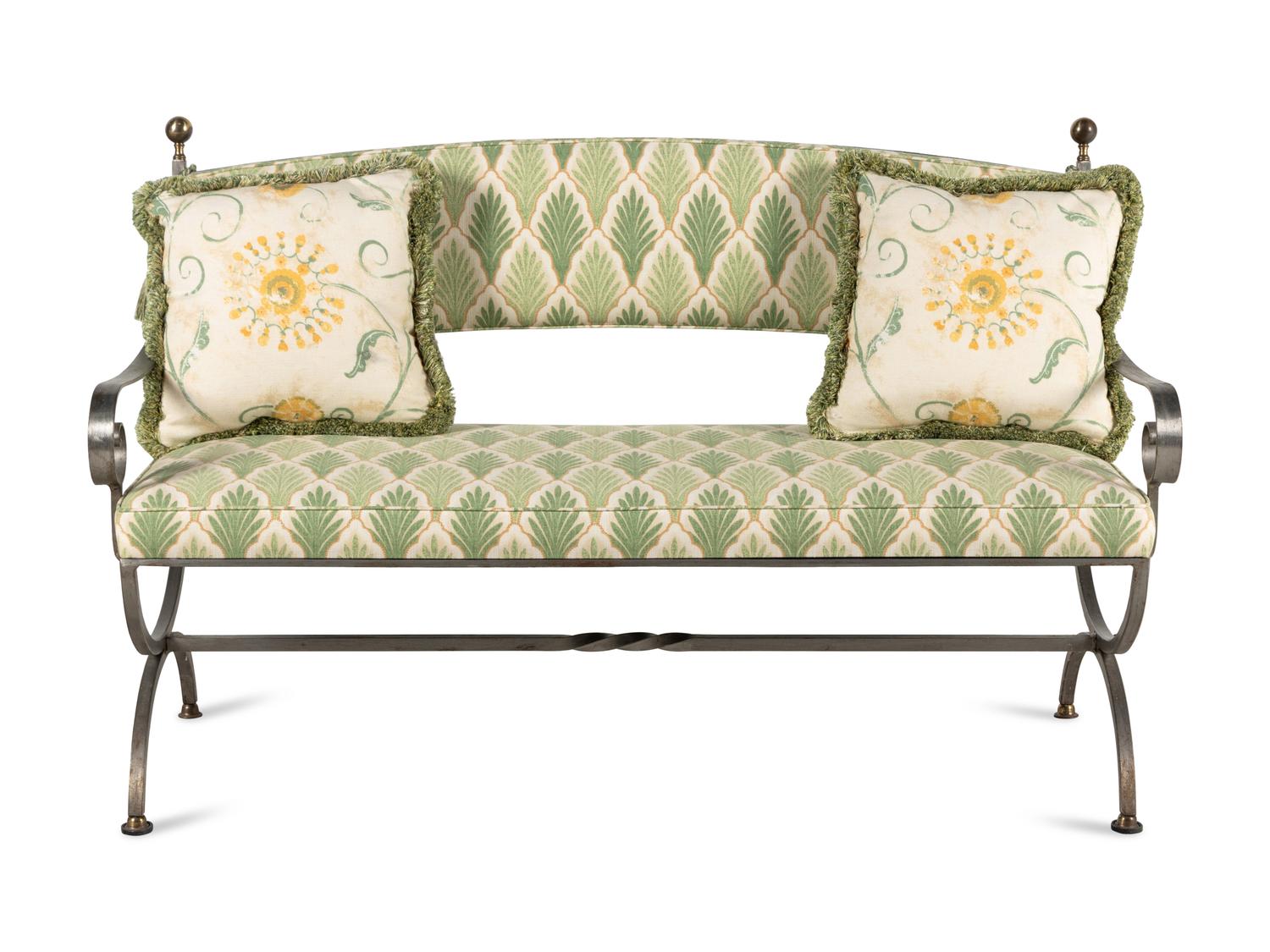 An Italian Iron and Brass Upholstered Bench