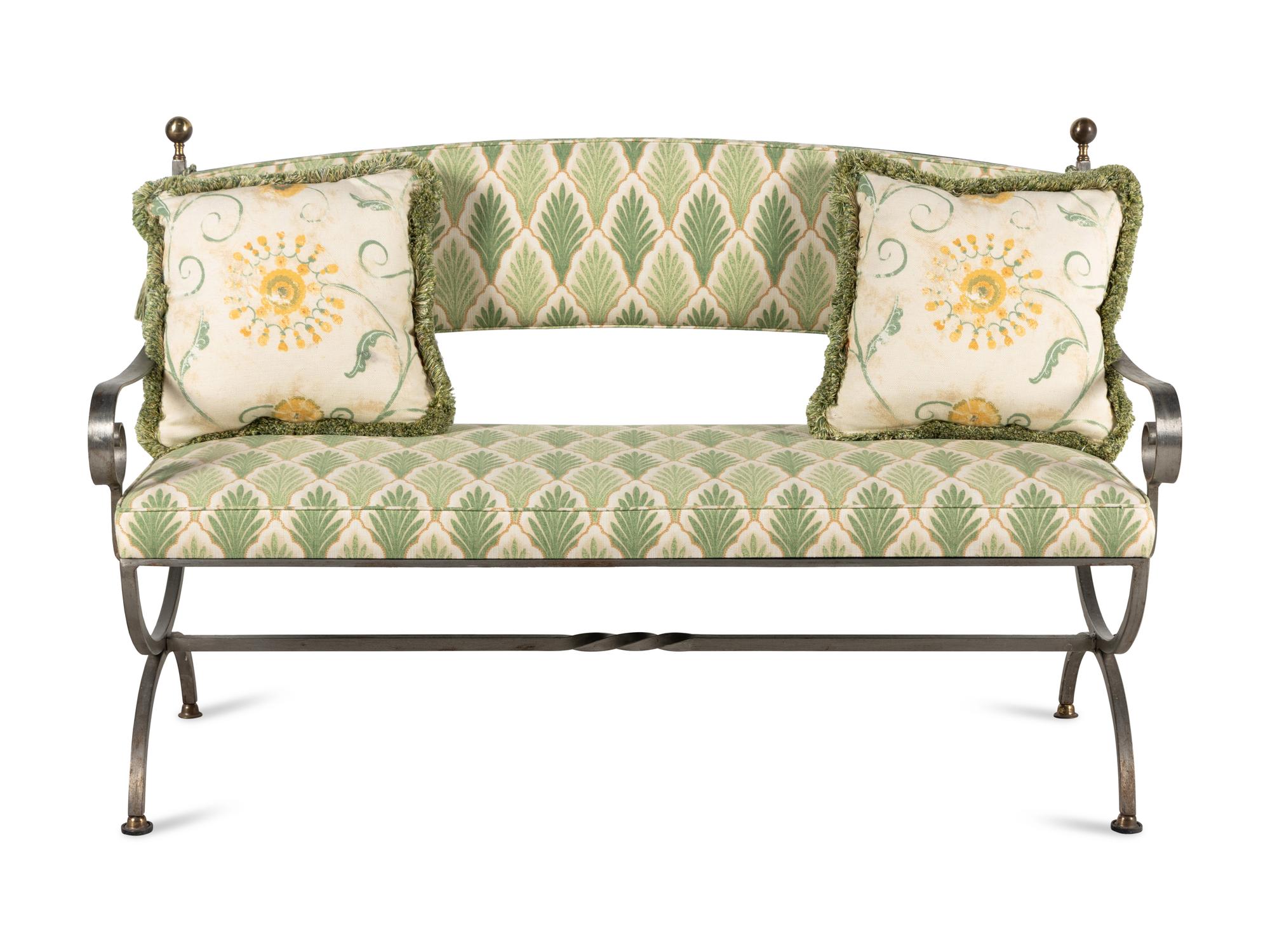 An Italian Iron and Brass Upholstered Bench