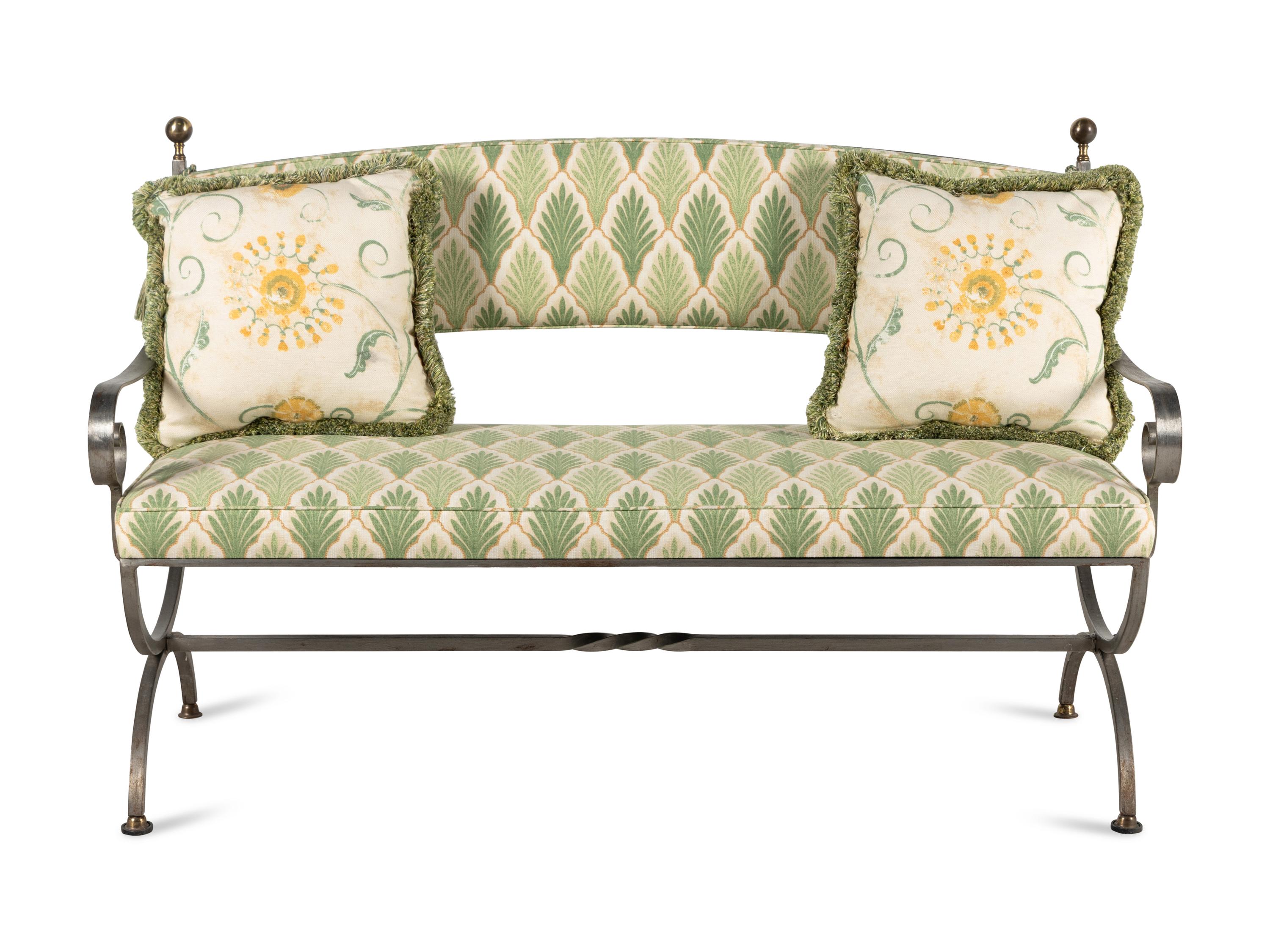 An Italian Iron and Brass Upholstered Bench