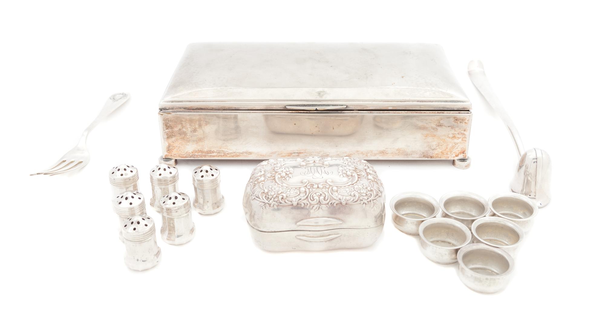 A Collection of Silver and Silver-plate Articles, Various Makers, 20th Century, comprising six American open salts, six American caster