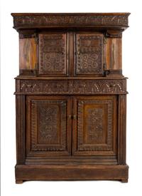 A Continental Oak Court Cupboard Height 72 3/8 x width 50 1/2 x depth 22 7/8 inches. — 19TH CENTURY