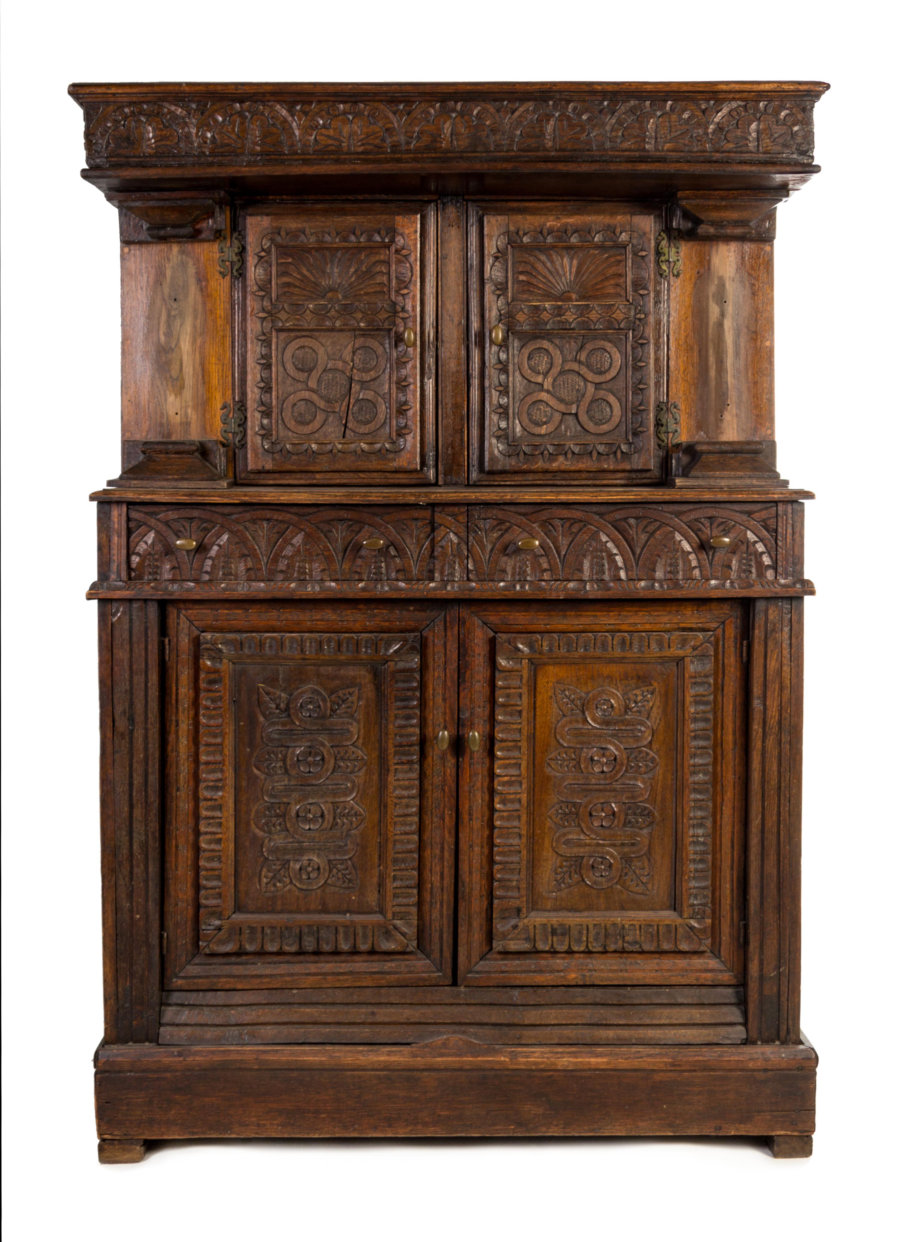 A Continental Oak Court Cupboard Height 72 3/8 x width 50 1/2 x depth 22 7/8 inches. — 19TH CENTURY