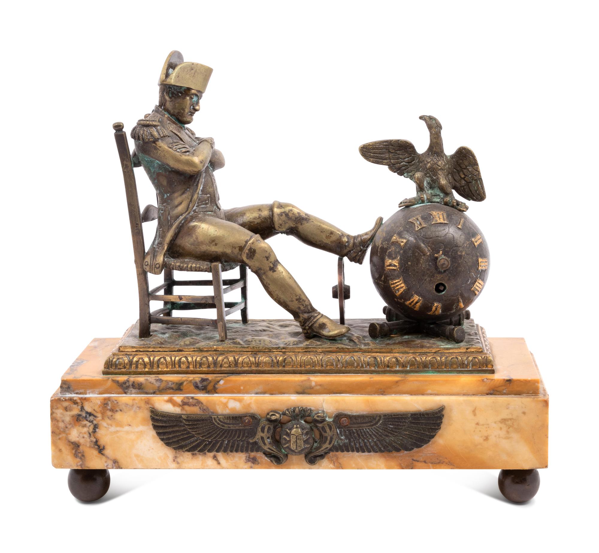 An Empire Style Gilt Bronze and Marble Figural Mantel Clock