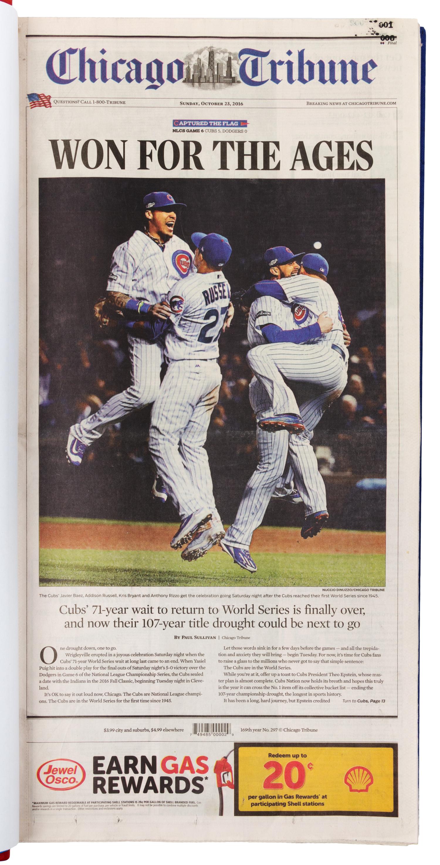 [CHICAGO CUBS]. Complete Chicago Tribune coverage of the Cubs' 2016 World Series Championship, specially bound in goatskin & indexed