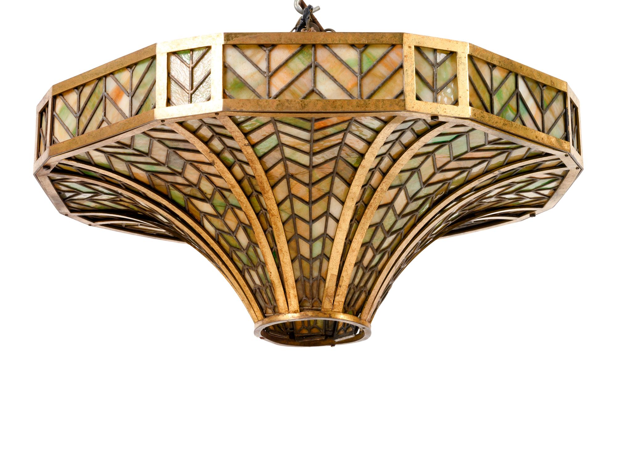 A Tiffany Style Brass and Colored Glass Hanging Light Fixture