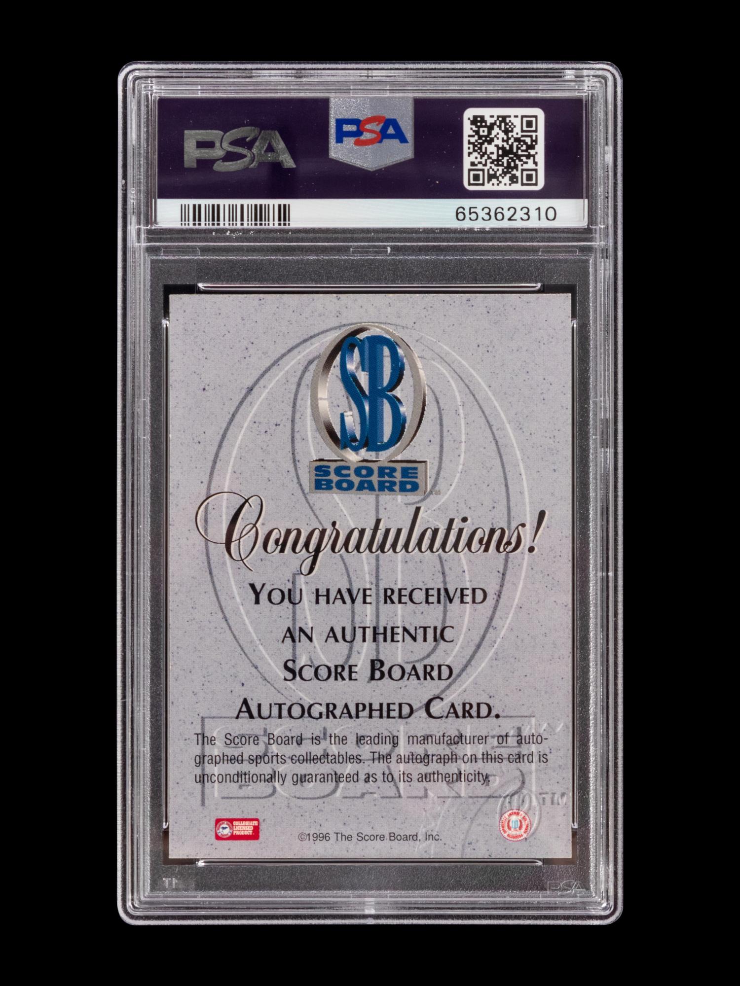 A 1996 Score Board Basketball Autographs Silver Kobe Bryant Signed Rookie Basketball Card No. 15 (PSA Authentic),