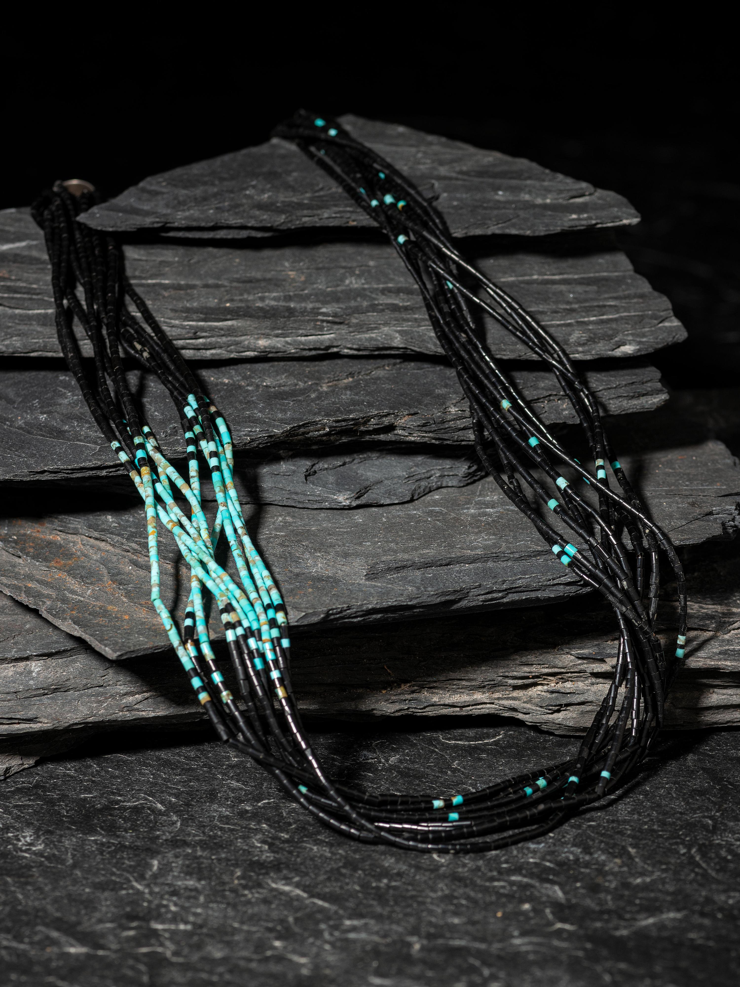 Rolled Turquoise and Onyx Ten-strand Necklace