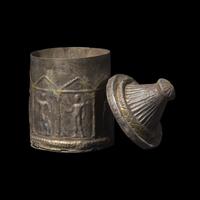 A Hellenistic Gilt-Silver Lidded Pyxis with Warriors