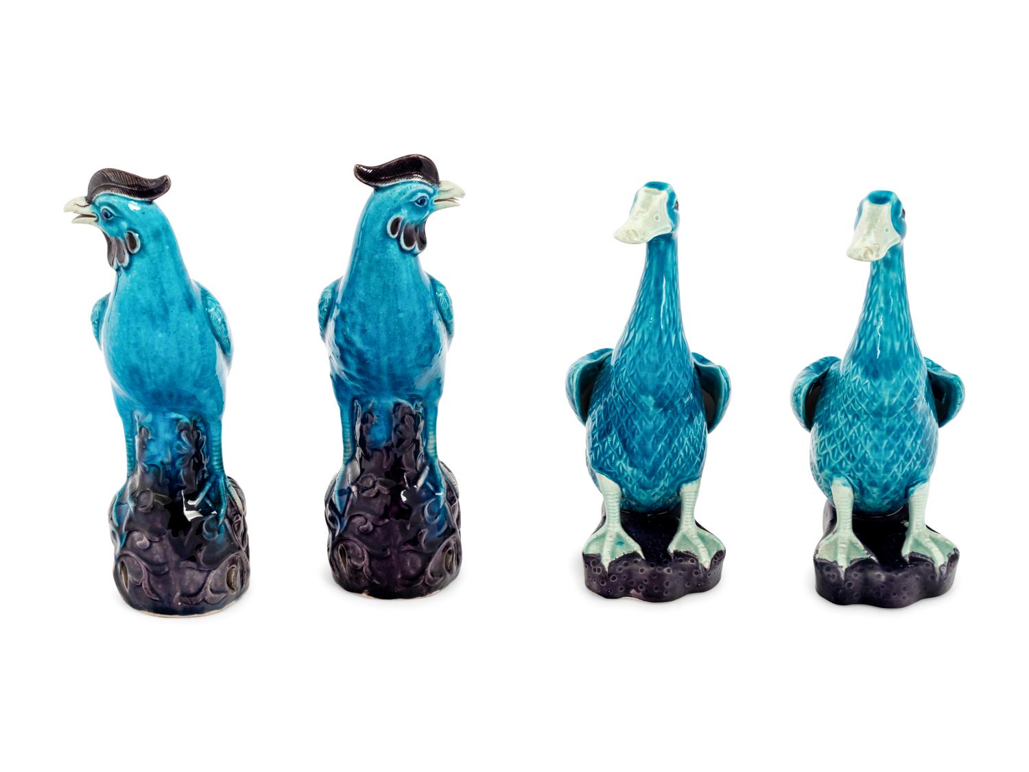 Two Pairs of Chinese Turquoise Glazed Porcelain Figures of Birds