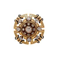 ANTIQUE, YELLOW GOLD, DIAMOND, AND ENAMEL BROOCH