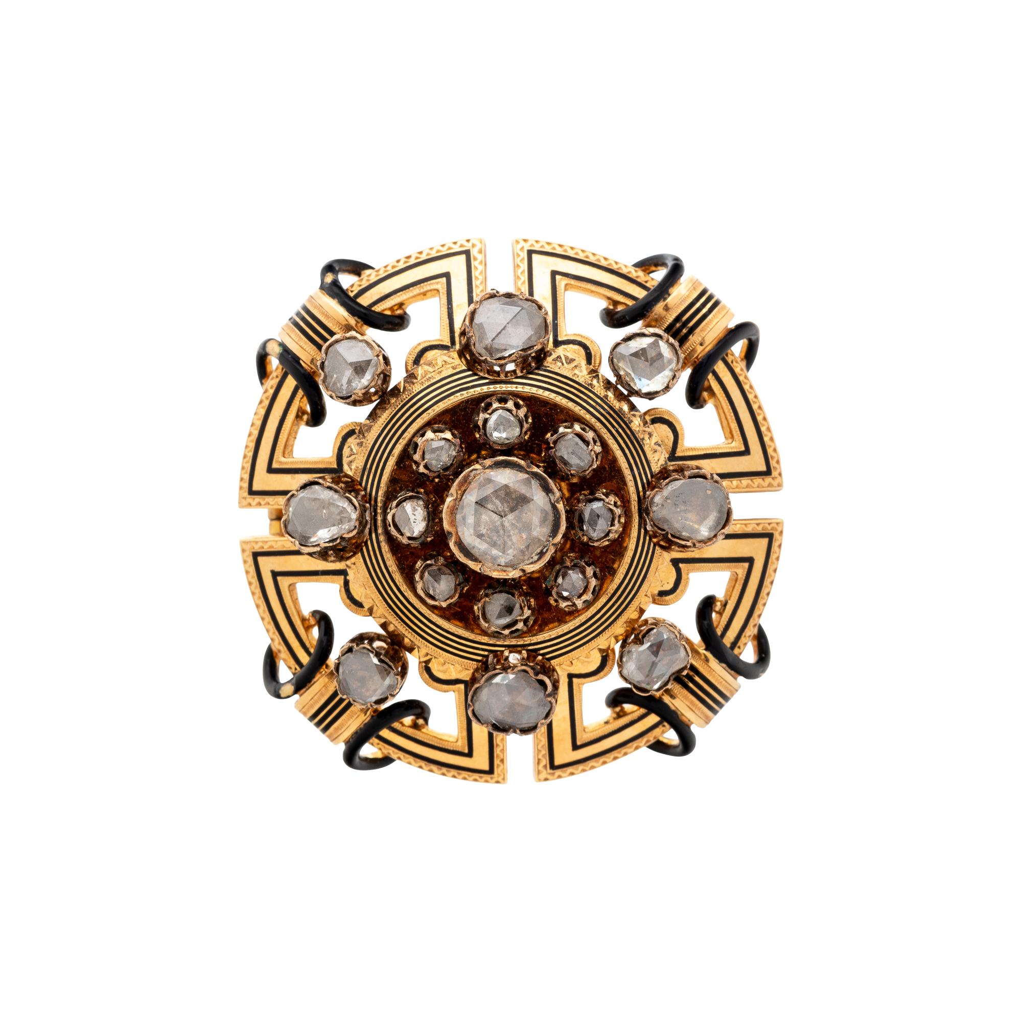 ANTIQUE, YELLOW GOLD, DIAMOND, AND ENAMEL BROOCH
