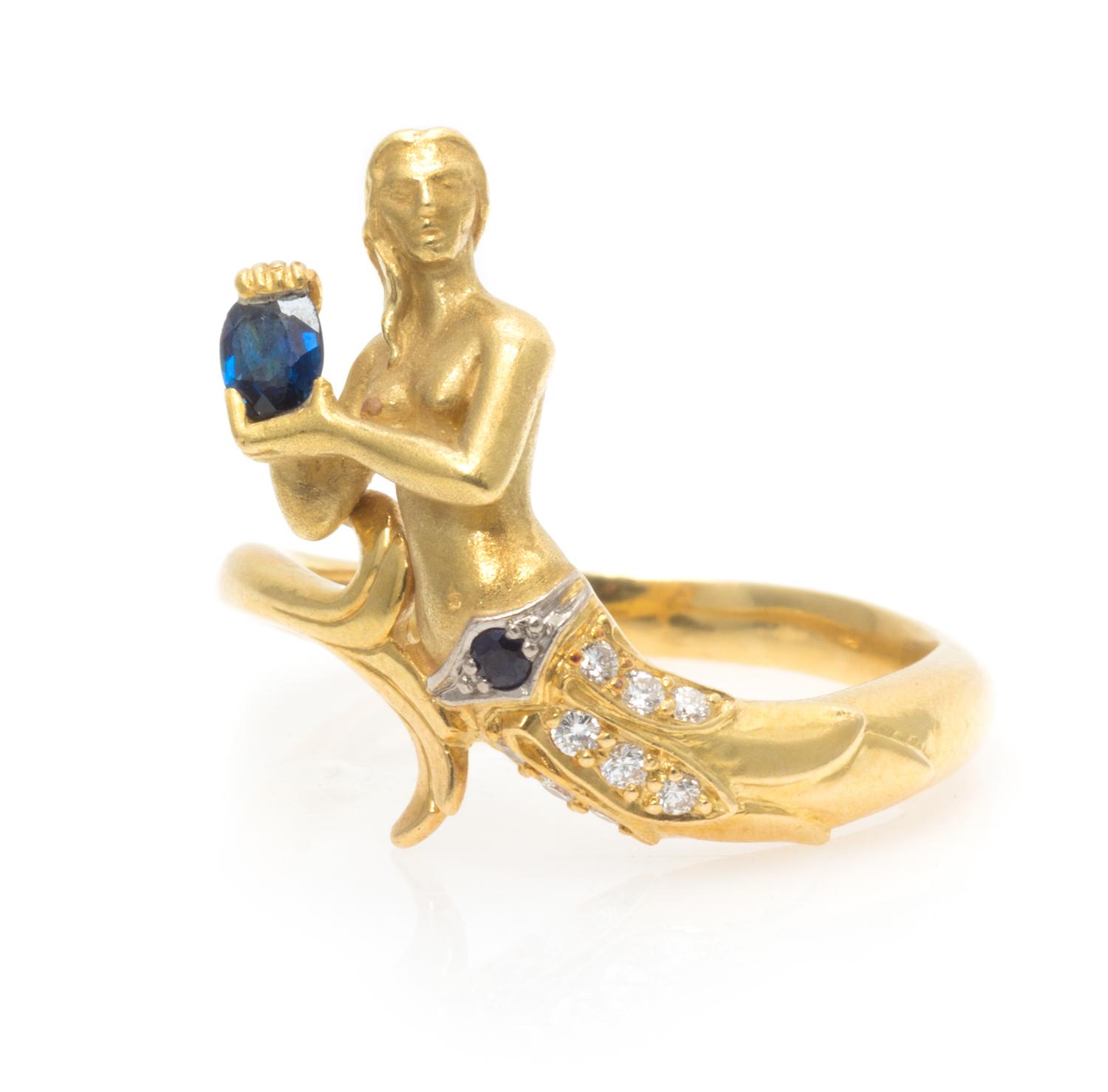 An 18 Karat Yellow Gold, Diamond and Sapphire Mermaid Motif Ring, Carrera y Carrera, 5.10 dwts.