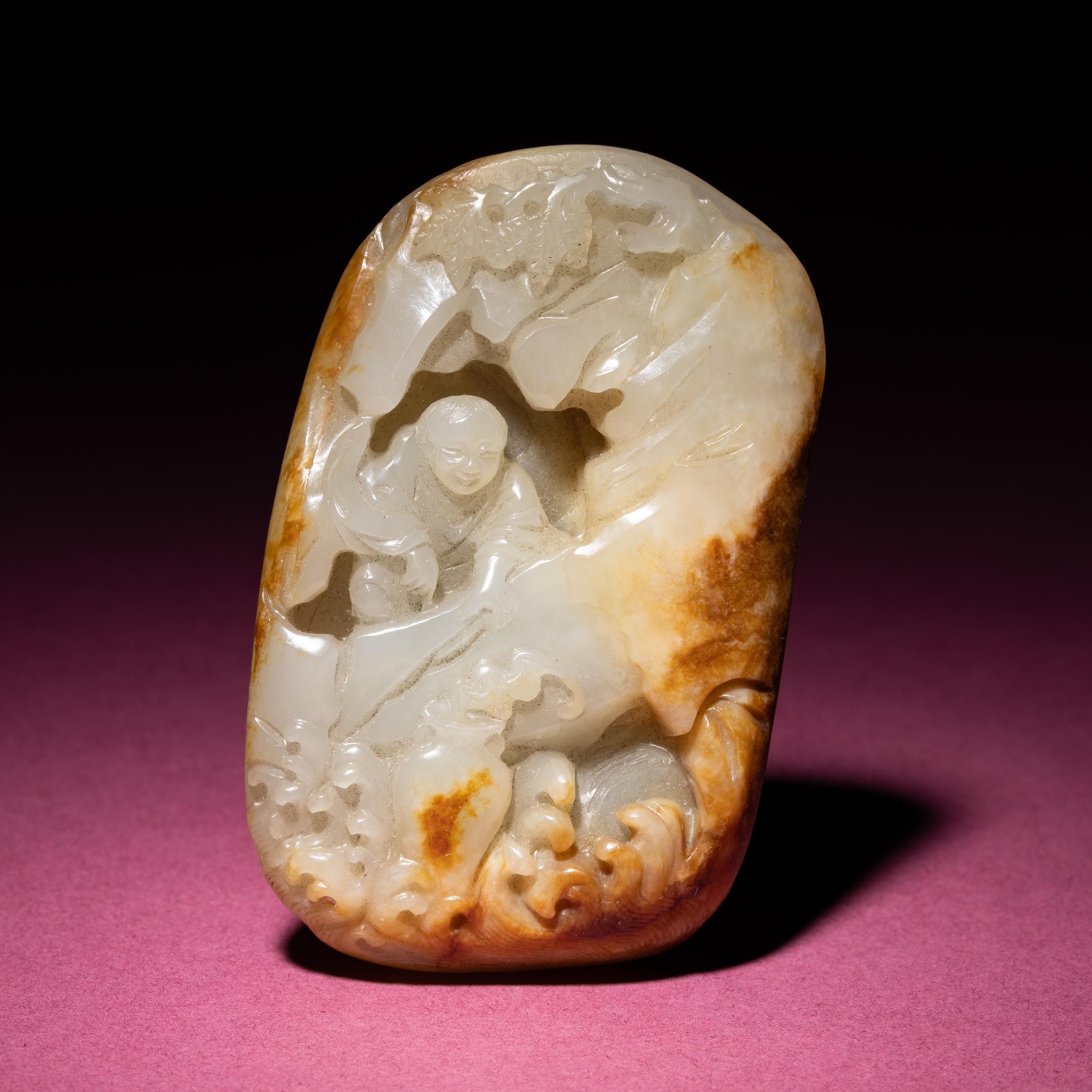 A Small and Finely Carved Chinese Russet and Pale Celadon Jade Mountain, 18th/19th Century — 清中期 青白玉留皮人物圖把件