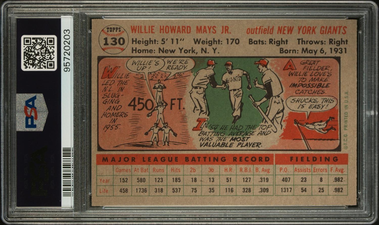 A 1956 Topps Willie Mays Baseball Card No. 130 (PSA 6 EX-MT) Gray Back