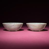 A Pair of Chinese Carved Jadeite 'Floral' Bowls, 19th-20th Century — 晚清-民國 翡翠刻花過墻碗一對