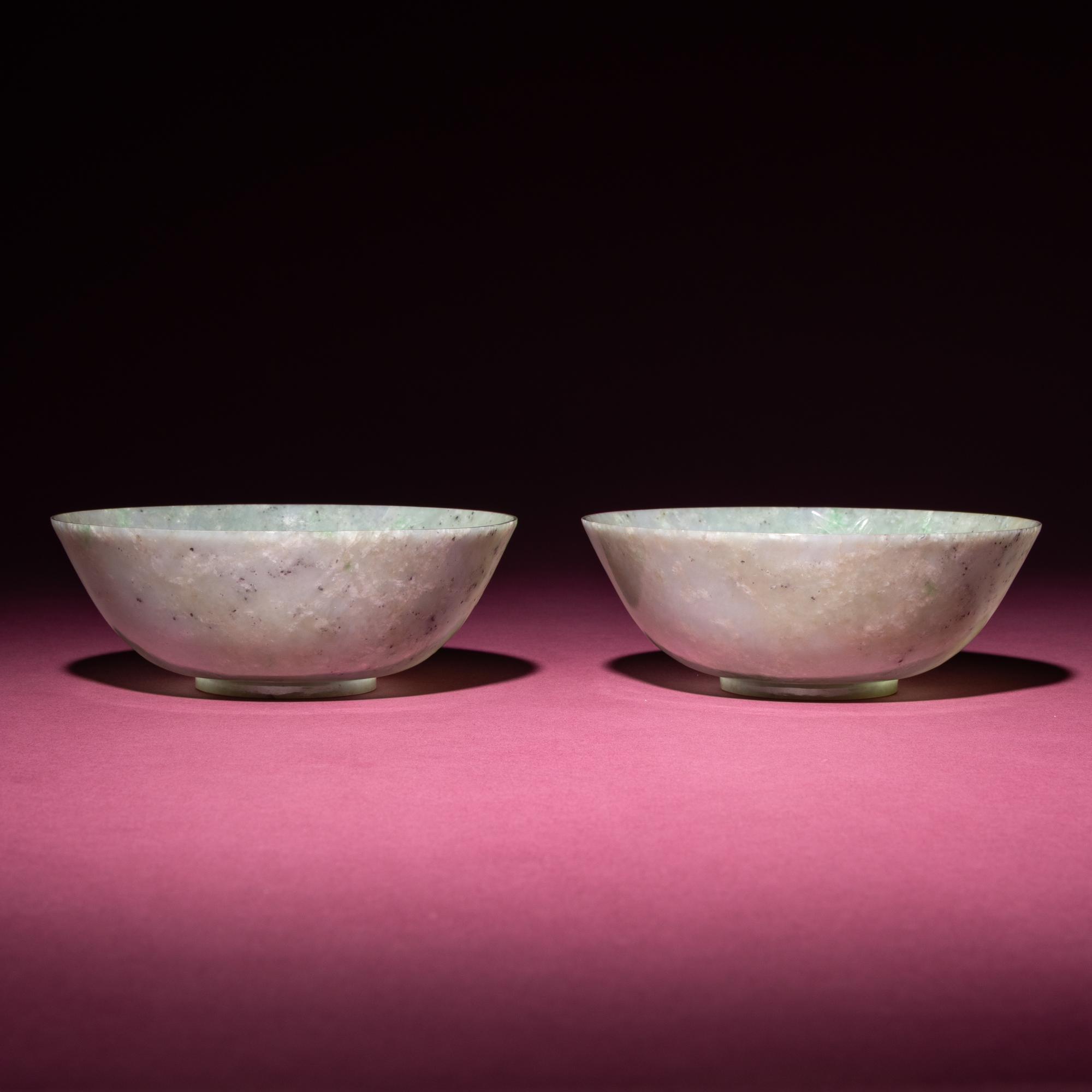A Pair of Chinese Carved Jadeite 'Floral' Bowls, 19th-20th Century — 晚清-民國 翡翠刻花過墻碗一對