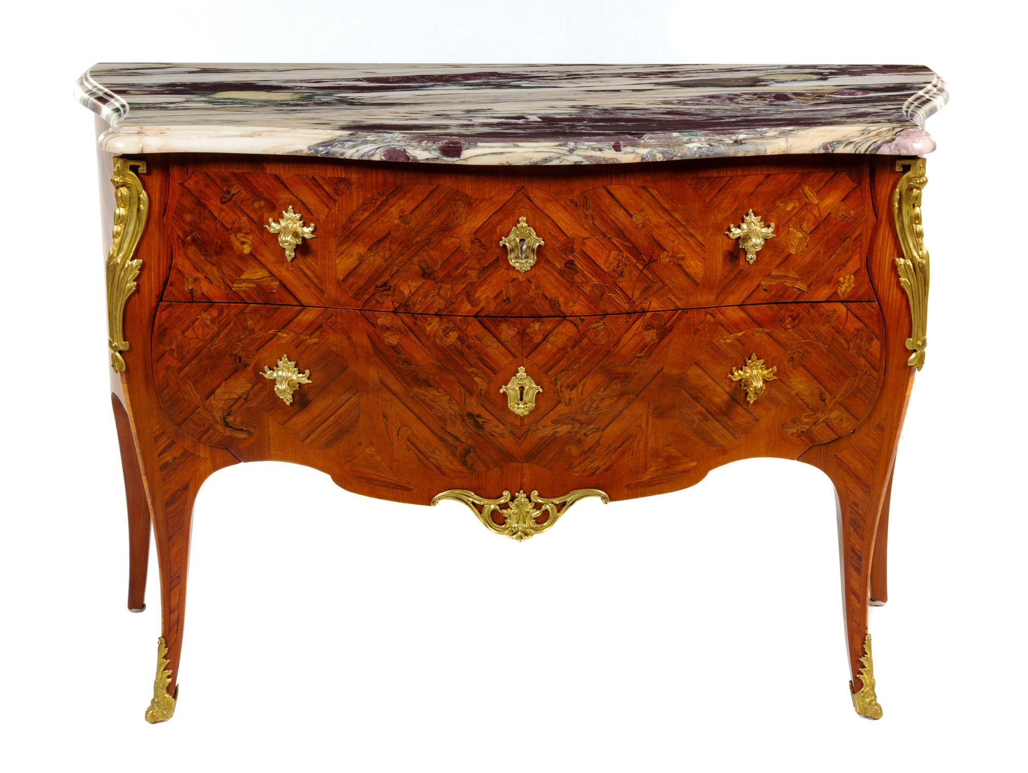 A Louis XV Gilt Bronze Mounted Marquetry Commode Height 33 1/2 x width 48 1/2 x depth 19 3/4 inches. — EARLY 19TH CENTURY