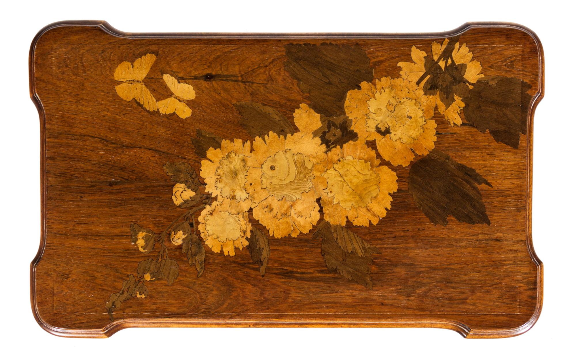 An Emile Galle Art Nouveau Marquetry Table Height 29 x width 24 x depth 14 inches.