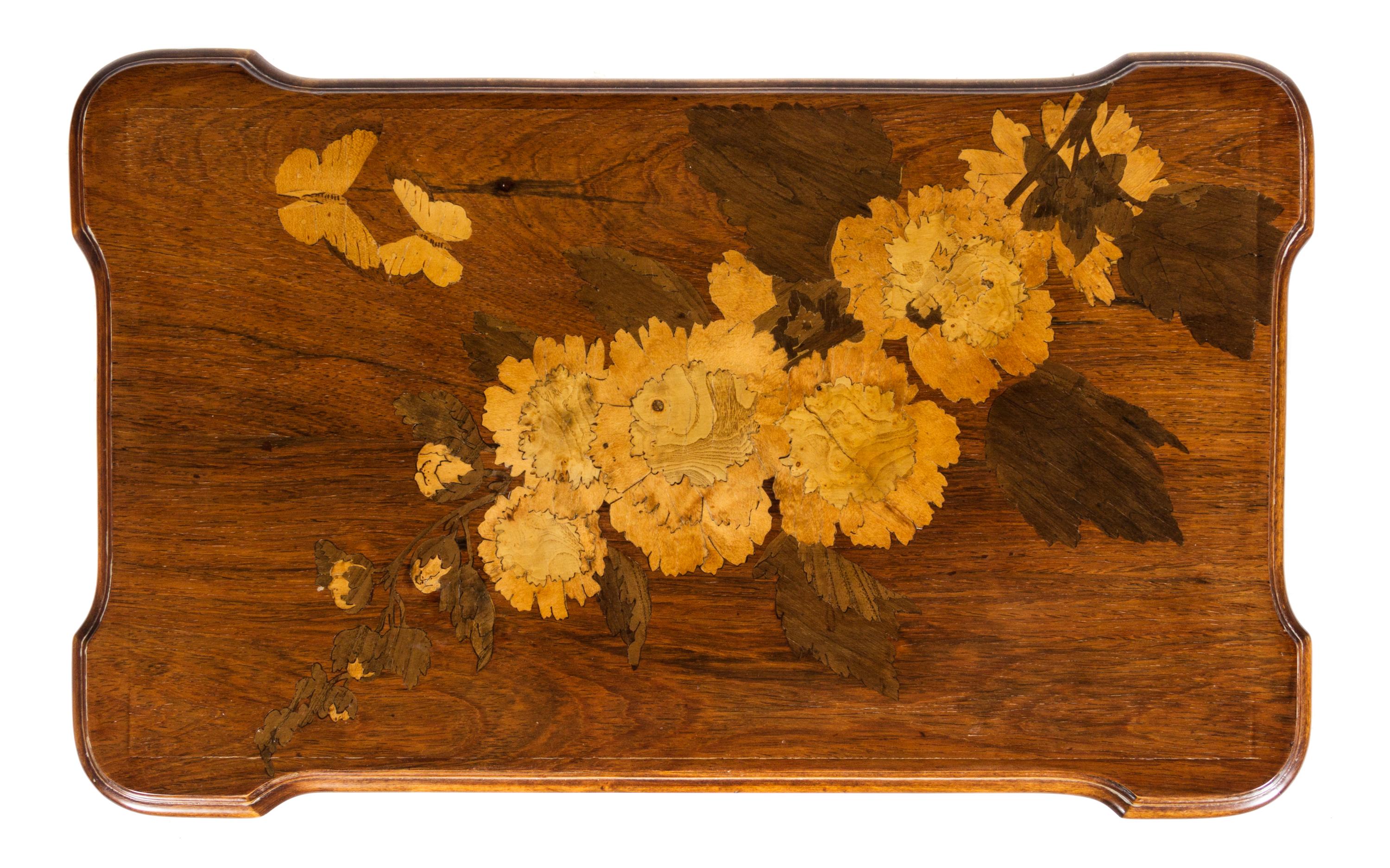 An Emile Galle Art Nouveau Marquetry Table Height 29 x width 24 x depth 14 inches.