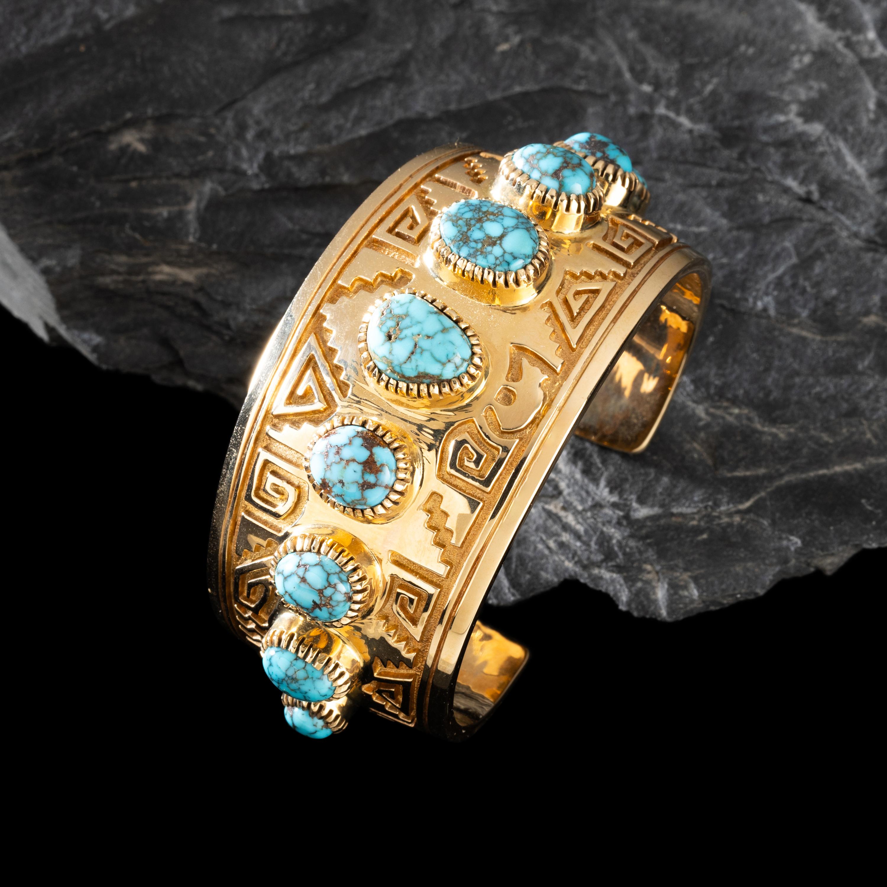 Vernon Haskie (Diné, b. 1968) — 14K Gold and Gem Grade Turquoise Cuff Bracelet