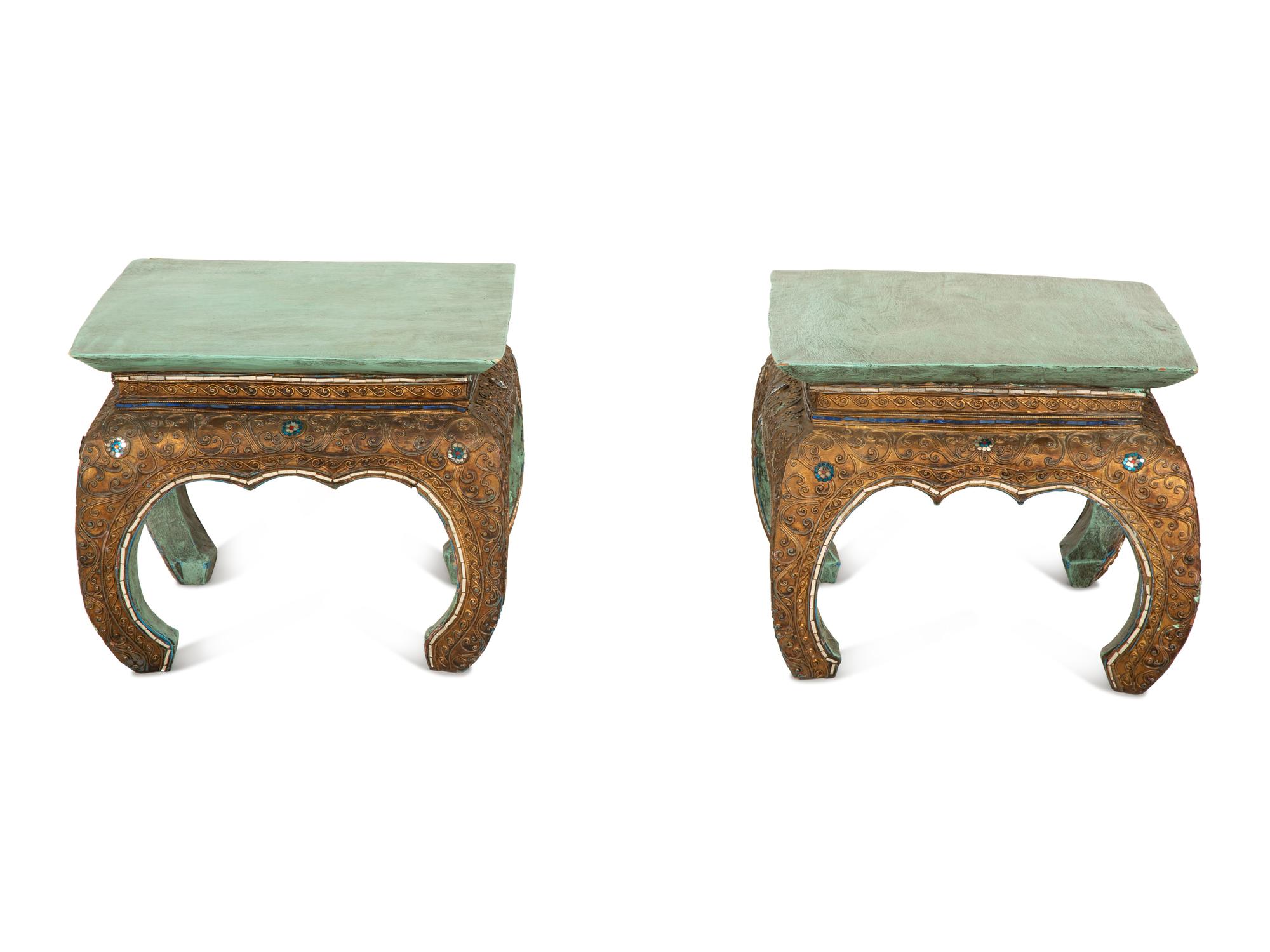 A Pair of South Asian Carved and Painted Tabourets