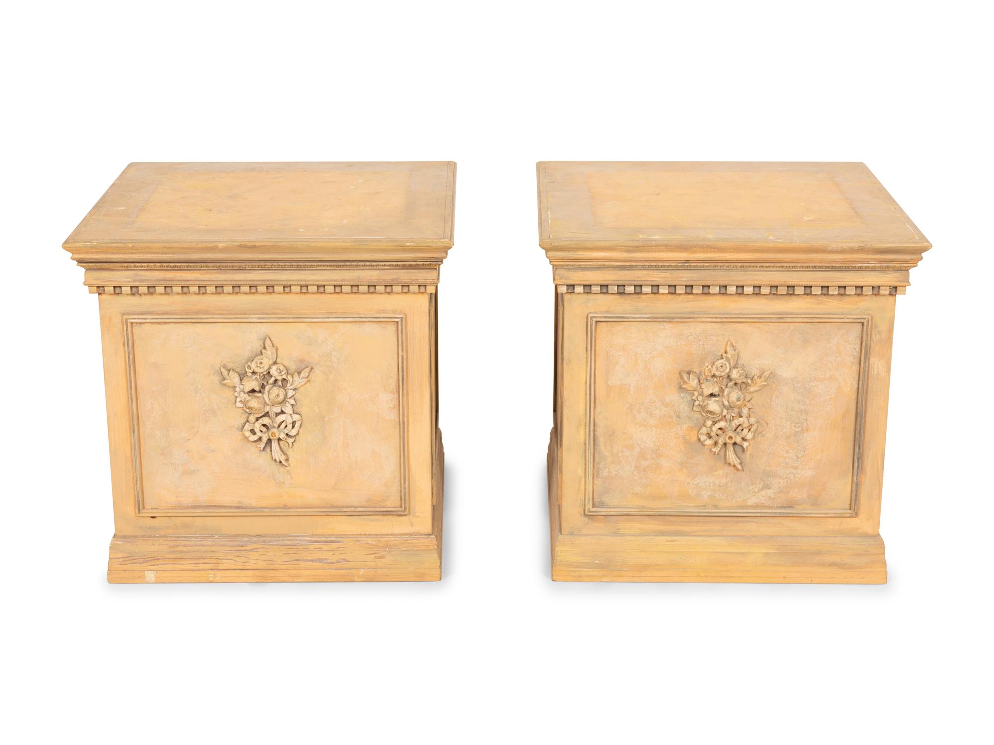 A Pair of Cast Terra Cotta Covered Garden Urns on Painted Wood Pedestals