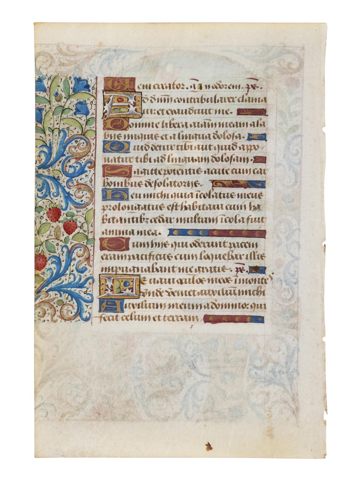 CIRCLE OF THE MASTER OF THE ROUEN ÉCHEVINAGE (PLAYFAIR GROUP) (active Rouen, c. 1450-1485) A leaf from a Book of Hours, with a miniature of the Annunciation to the Shepherds, in Latin, illuminated manuscript on parchment [France, Rouen, ca. 1470–1480]