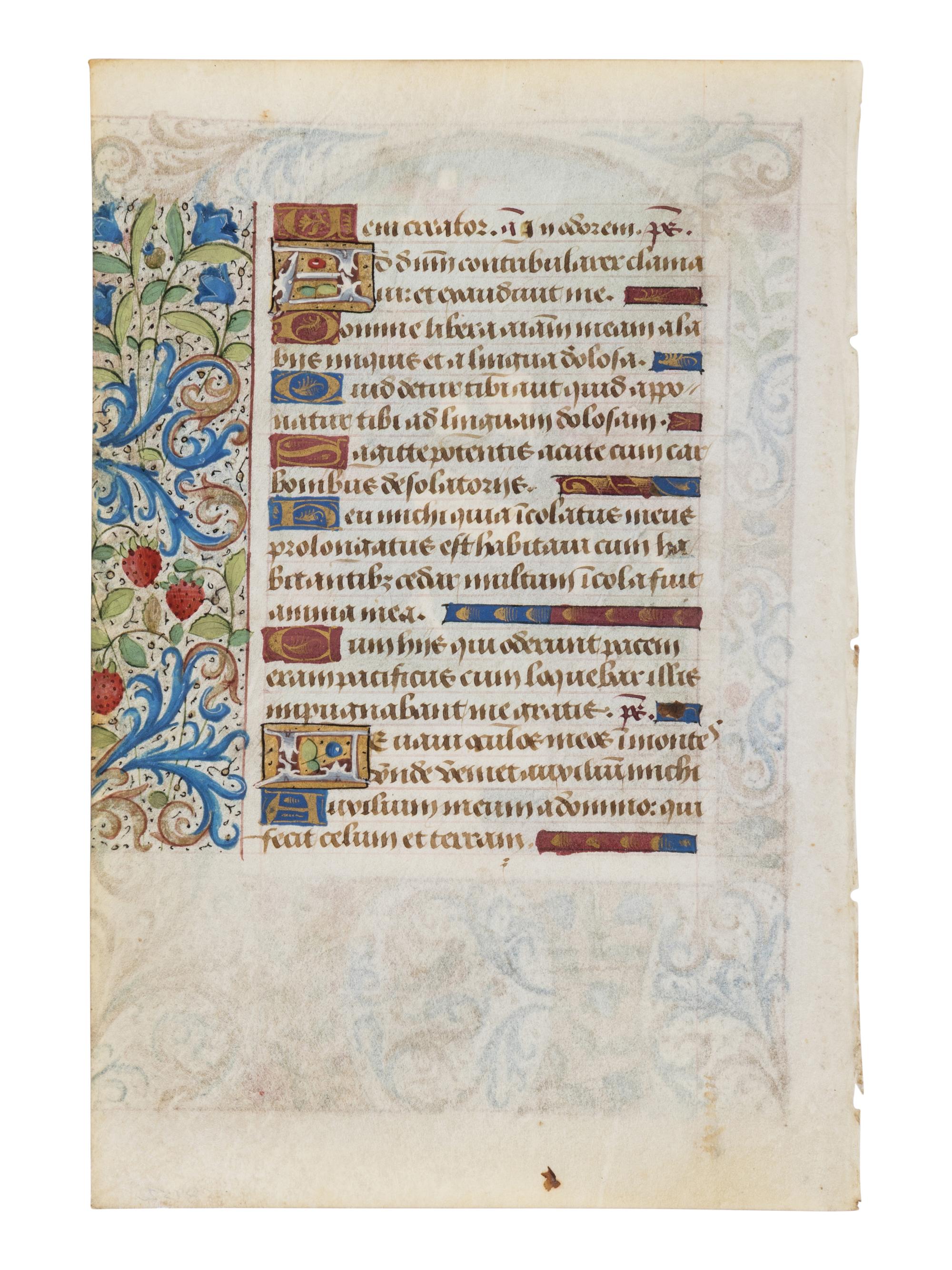 CIRCLE OF THE MASTER OF THE ROUEN ÉCHEVINAGE (PLAYFAIR GROUP) (active Rouen, c. 1450-1485) A leaf from a Book of Hours, with a miniature of the Annunciation to the Shepherds, in Latin, illuminated manuscript on parchment [France, Rouen, ca. 1470–1480]