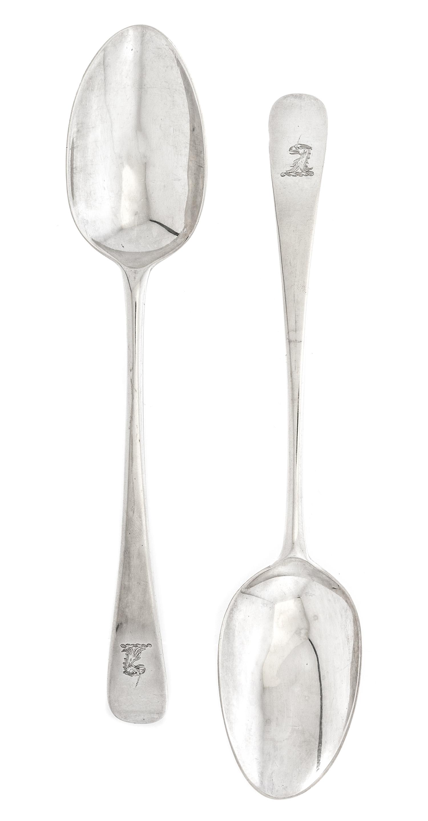 A Pair of George III Silver Table Spoons, Hester Bateman, London, 1783, the handles decorated with a griffin's head erased.